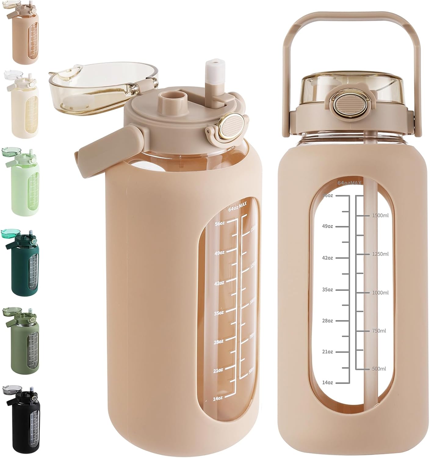 Half Gallon Glass Water Bottle with Time Marker & Straw For Workout