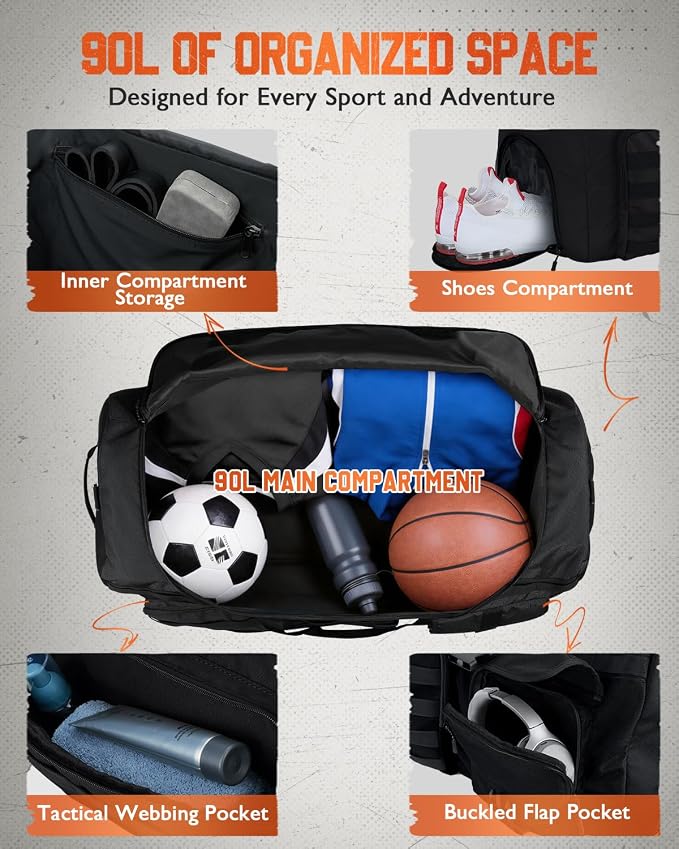 Large Convertible Duffel Bag for Gym Workout, Travel & Sports
