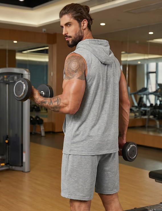 Men's 2 Piece Sleeveless Hoodie and Shorts Workout Set