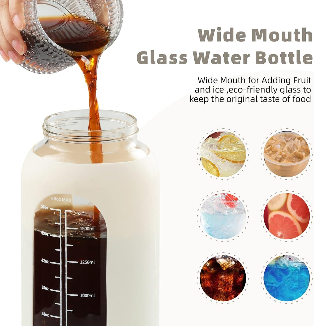 Half Gallon Glass Water Bottle with Time Marker & Straw For Workout