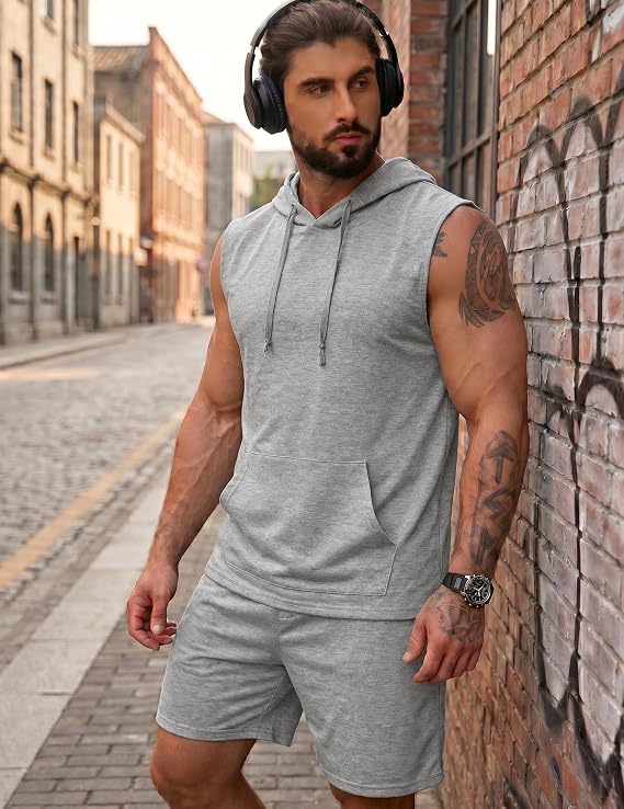 Men's 2 Piece Sleeveless Hoodie and Shorts Workout Set